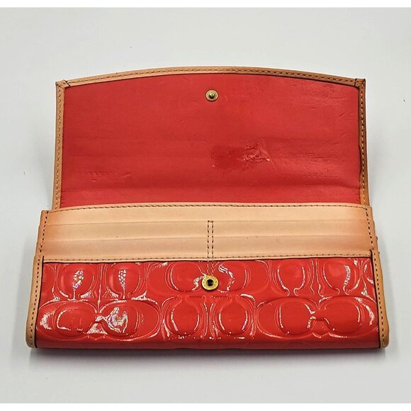 Coach Women's Orange Beige Patent Leather Signature Embossed Wallet Size L 2727 - Picture 7 of 10